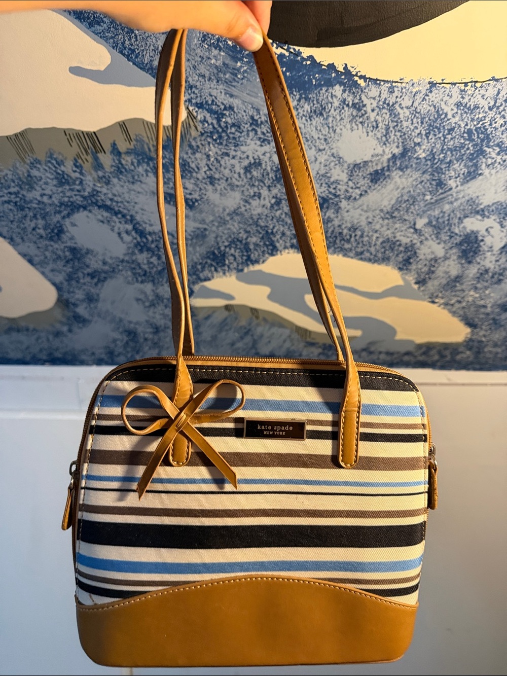 Vintage kate spade Striped Canvas Shoulder Bag in Blue, Black & Tan